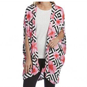 HUE Women's Open-Front Kimono Lounge Sleep Wrap Coverup, Pink Flower